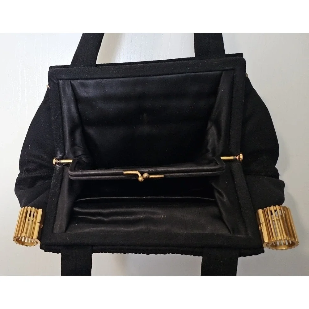 Vtg‎ 1940's Black Cloth Purse Handbag w/Gold accents to open